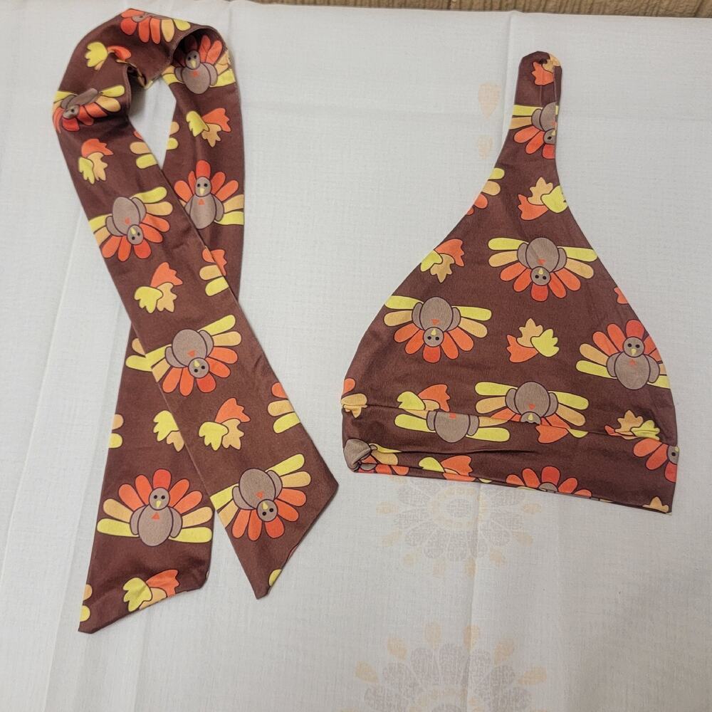 2 pc Baby Cap & Belt / Tie Turkey Thanksgiving Infant Brown Holiday Infants